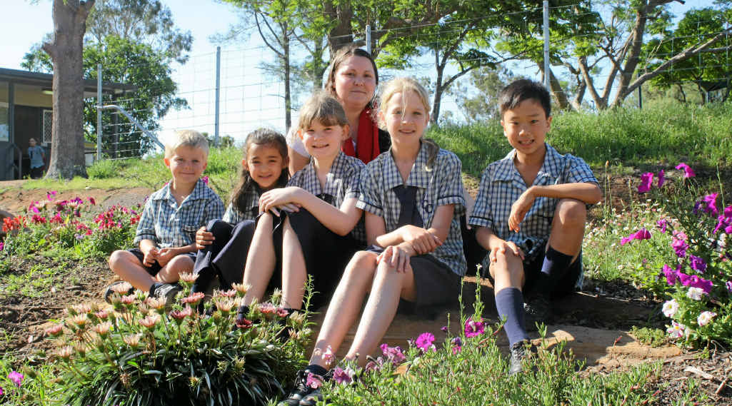 Warwick Christian College teacher-in-charge Moira Coates with students Sam Wainwright, Lorna Broughton, Hannah Flegerbein, Jessie Mayer and Jack Rayner.